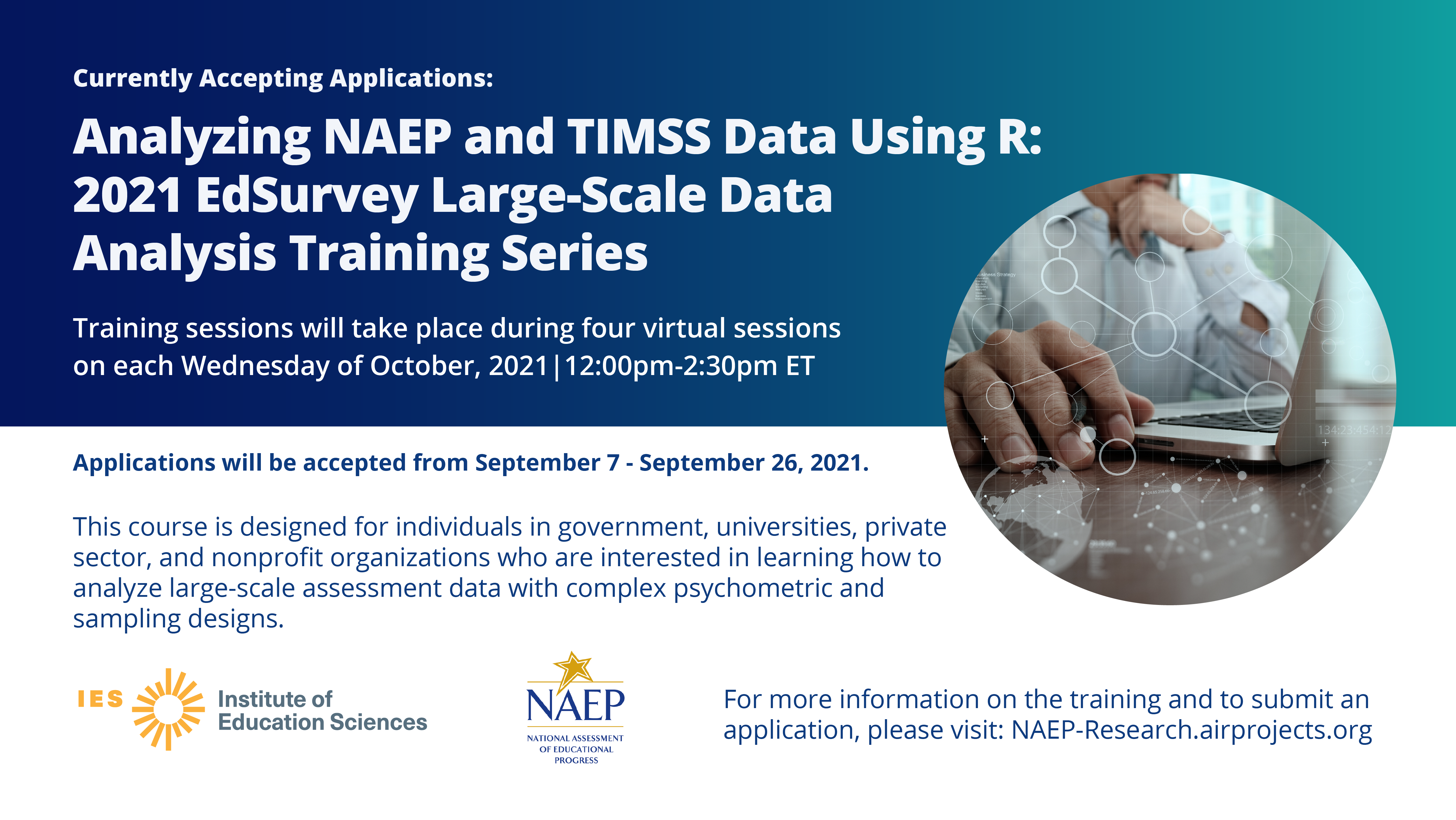 social media graphic poster for Analyzing NAEP and TIMSS Data Using R: 2021 EdSurvey Large-Scale Data Analysis Training Series. 